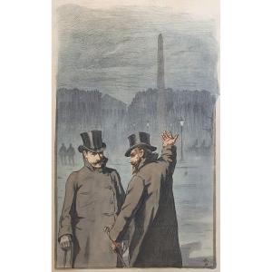Conversation Place De La Concorde Watercolor On Paper Monogram To Identify Paris XIXth