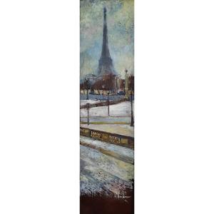 Patrice Landauer View Of The Eiffel Tower Under The Snow Paris Large Oil On Panel