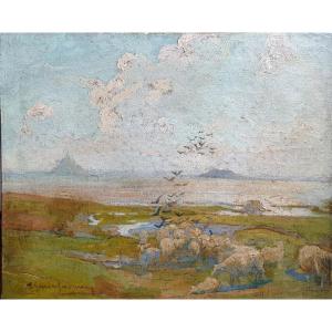 Alexandre Louis Lavalley Sheep In Front Of Mont-saint-michel Oil On Canvas 1900 Normandy 