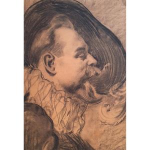 Portrait Of A Man With A Strawberry And A Hat Charcoal On Paper Circle Of Roybet