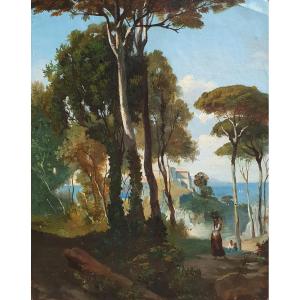 Animated Landscape In Italy Oil On Paper French School Of The 19th Century Mediterranean
