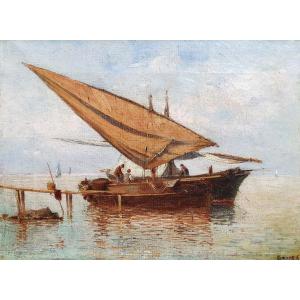 Fishermen Boats Marine Oil On Canvas From The End Of The 19th Century Signature To Be Identified