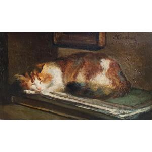 Emile Valentin Cardinal Sleeping Cat On A Drawing Board 1910 Oil On Canvas