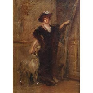 Woman And Her Dog French Or Italian School End Of The 19th Century Oil On Canvas Sketch