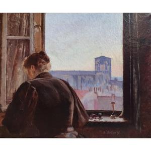Camille Bellon Woman Sewing Saint-jean Cathedral Lyon Oil On Canvas 1896 