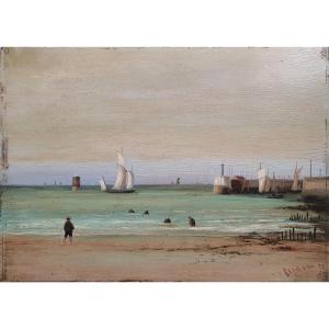 Jacques Joseph Reymann Figures On The Beach Port Marine 1883 Oil On Panel Boat