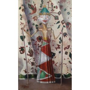 Javanese Puppet Oil On Canvas Circa 1920 Indonesia