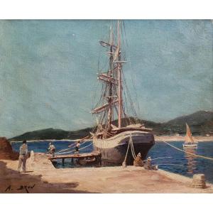 Alexandre Brun Animated Scene In A Mediterranean Port Oil On Canvas Early 20th Century Marseille