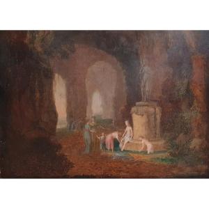 Nymphs Bathing Near Ruins Oil On Panel Circa 1800 Cave Dutch School 