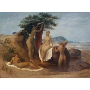 Gerhard Eisenblätter Bathers By The Sea Oil On Basket Circa 1930 German Painter
