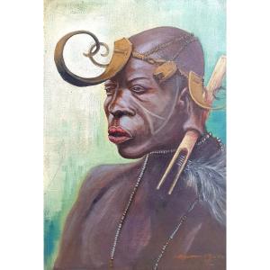 Portrait Of A Warrior Kavirondo (luo) Kenya Oil On Panel Circa 1930-40 German Painter