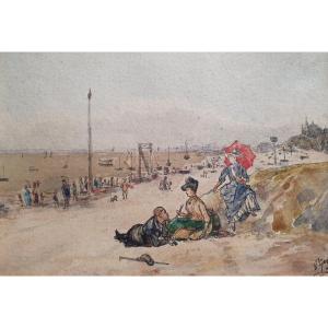 Animated Beach Scene, Watercolor And Pen On Paper, Late 19th Century, Brittany, Normandy
