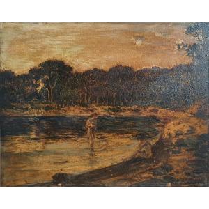 Emile René Ménard Bathers At Dusk Oil On Paper Mounted On Cardboard Symbolism
