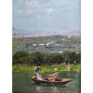 Ottorino Caracciolo, Couple In A Boat, Paris, Oil On Panel, 1876, Italian Impressionist