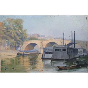Ernest Couronneau, Pont-marie In Paris, The Seine, Ile Saint-louis, Oil On Panel, 1893