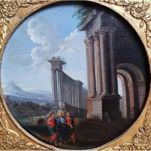 Apparition On The Road To Emmaus, Oil On Panel, 18th Century, Architecture, Jesus Christ
