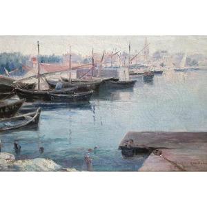 Gaston Roullet, Port Of Martigues, Oil On Canvas, Mediterranean 