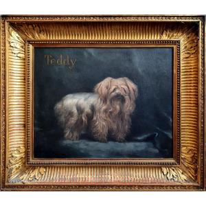 Enrique Miralles Darmanin, Portrait Yorkshire Dog Oil On Canvas, 1921, Spanish Painter, Paris 