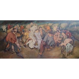 Pierre Zucchelli Animated Scene Oil On Panel Circa 1940