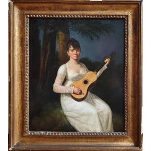 Portrait Of A Young Woman With A Guitar Oil On Panel Early 19th Century