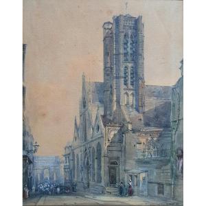 Church Of Saint Nicolas Des Champs, Watercolor, 1846, Signature To Be Identified, Paris, Porte Saint-martin