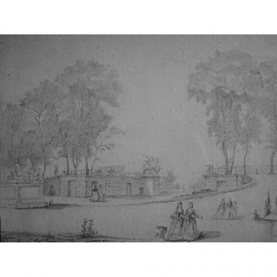 The Tuileries Garden Paris French School XVIII Drawing Watercolor Pencil