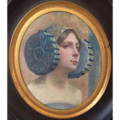 Miniature Symbolist 1900 Portrait Of Woman Art Nouveau
