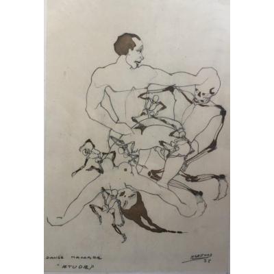 Danse Macabre Henri Gesthaz Pencil Drawing Female Nude And Skeleton Curiosity