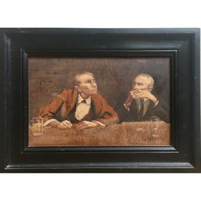Gaston Hoffmann Le Bistrot Oil On Panel Early Twentieth Smoker
