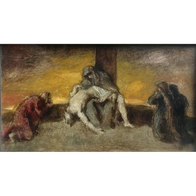 Sketch For A Pietà Jules Emmanuel Valadon Oil On Panel XIXth Century