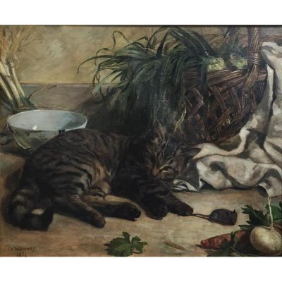 Charles Desavary The Cat And The Mouse Oil On Canvas 1874 Still Life