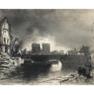 Eugène Deshayes Notre-dame Cathedral Of Paris The Seine Charcoal Drawing XIXth