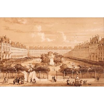 Adolphe Rouargue The Place Des Vosges Or The Place Royale In 1841 Paris Drawing