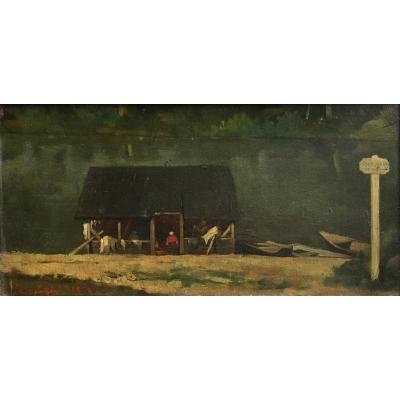 Uranie Colin Libour Port Marly Washhouse At The Edge Of The Seine Oil On Panel