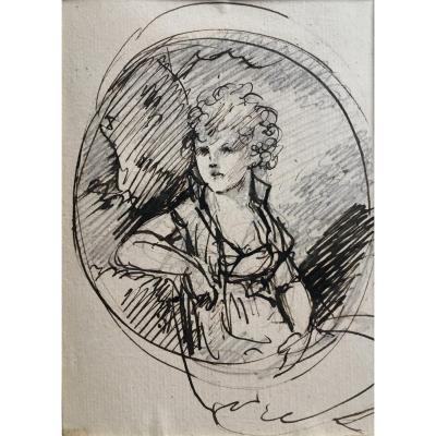 Beautiful Portrait Of Young Woman XIXth Century Feather And Lead On Paper