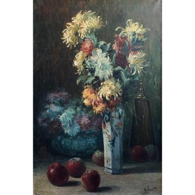 Alexandre Jacob Still Life With Apples And Chrysanthemums Oil On Canvas Late Nineteenth Century