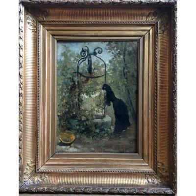Raoul Henri Bessede Woman At The Well Oil On Panel Impressionist Nineteenth