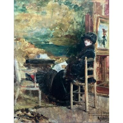 Ricardo Diaqué Woman Reading In An Interior Oil On Panel XIXth Century