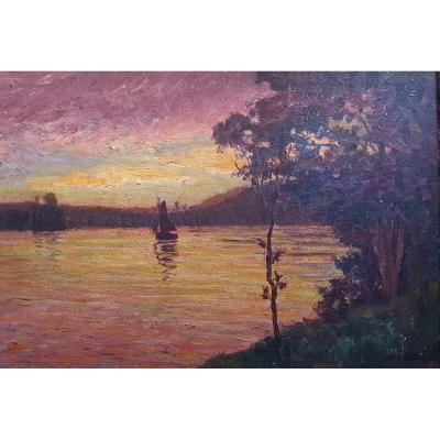 Paul Mascart Twilight On The Seine Villa Belle Vue Meudon? Oil On Cardboard
