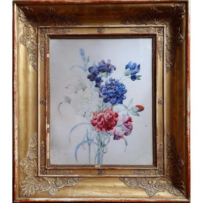 Floral Composition School Of Pierre-joseph Redouté Watercolor On Vellum With Its Period Frame