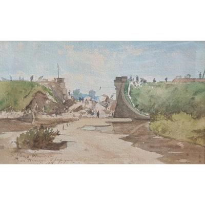 Henri Harpignies The Collapse Of The Railway Bridge In Challuy Nièvre Train Watercolor