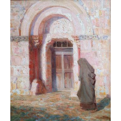 Lionel Floch Bretonne In Front Of A Church Oil On Canvas 1921 Brittany