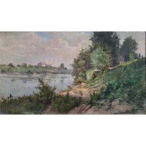 Charles Léon Mery Painter On The Edge Of The Seine Oil On Canvas Contrecolled XIXth Century