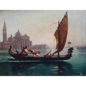 Gallant Scene In Venice Gondola Oil On Canvas From XIXth Century Italy