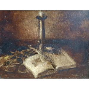 Still Life With Candle And Book Jules Emmanuel Valadon Hsp XIXth Century