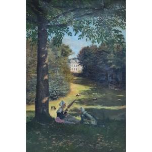 Raoul Edmond Marie Young Breton Girls Seated In Front Of A Castle Near Nevez Finistère Oil On