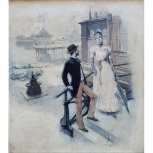 Albert Lynch Couple In A Seaside Town Probably England Oil On Canvas XIX