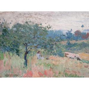 Ernest Godfrinon Landscape With The Young Girl Post-impressionism Oil On Panel Belgian School
