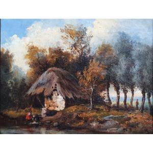 Barbizon School Animated Landscape Oil On Canvas XIXth Century Signed