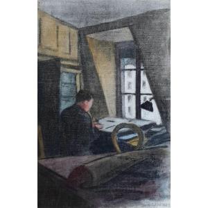 René Besserve The Draftsman Artist's Workshop Oil On Canvas Paper Self-portrait